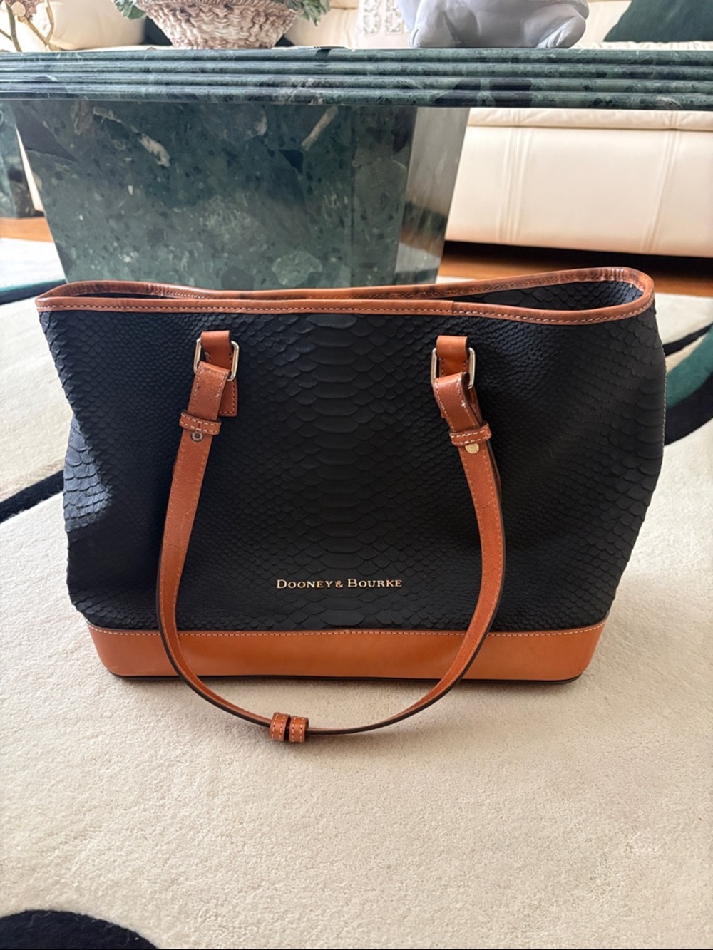 Dooney & Bourke Black Tote with Tan Trim and Straps